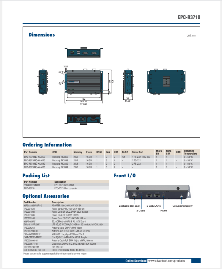 研華EPC-R3710 Rockchip RK3399 Cortex-A72 UIO40-Express Edge AI 工控整機， 4K display， 2xLan，