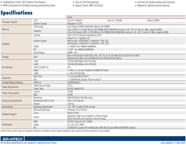 研華EI-52 研華EI-52，邊緣計算系統(tǒng)，支持 Intel 11th gen CPU，可選 Core i5 /i3 /Celeron 處理器，具備豐富擴展接口 2 x LAN，2 x COM，6 x USB等，內(nèi)部可以通過 miniPCIe 或 M.2 擴展AI加速卡實現(xiàn)工業(yè)AI機器視覺，搭載5G通訊模塊。