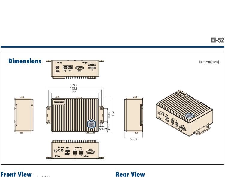 研華EI-52 研華EI-52，邊緣計算系統(tǒng)，支持 Intel 11th gen CPU，可選 Core i5 /i3 /Celeron 處理器，具備豐富擴展接口 2 x LAN，2 x COM，6 x USB等，內(nèi)部可以通過 miniPCIe 或 M.2 擴展AI加速卡實現(xiàn)工業(yè)AI機器視覺，搭載5G通訊模塊。
