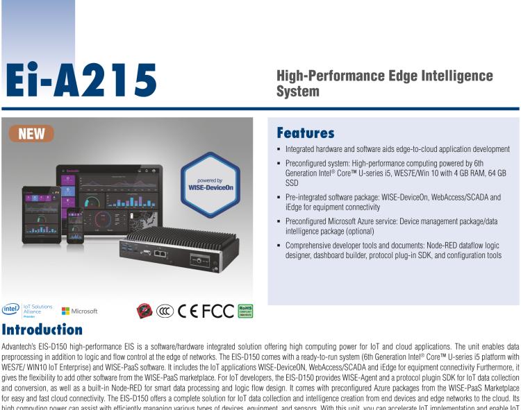 研華EI-A215 研華EI-A215，邊緣性計算系統(tǒng)，搭載Intel Core i5 6300U 處理器，4 GB內(nèi)存，64 GB 存儲，高性能邊緣智能設(shè)備，具備豐富擴(kuò)展接口 2 x LAN，4 x COM，6 x USB等，同時還可以擴(kuò)展 iDoor 或 ARK-Plus 模組增加更多的擴(kuò)展接口，搭配 5G 模塊。