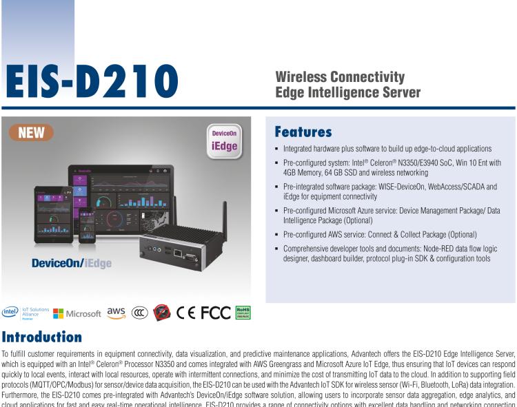 研華EIS-D210 研華EIS-D210，邊緣計算系統(tǒng)網(wǎng)關，Intel Celeron N3350 Dual Core SoC，最高支持 8 GB內(nèi)存，低功耗邊緣智能設備，具備豐富擴展接口 2 x LAN，2 x COM，4 x USB，1 x VGA等，搭配 Wifi 或 4G 模塊，可以實現(xiàn)無線數(shù)據(jù)傳輸，體積非常小