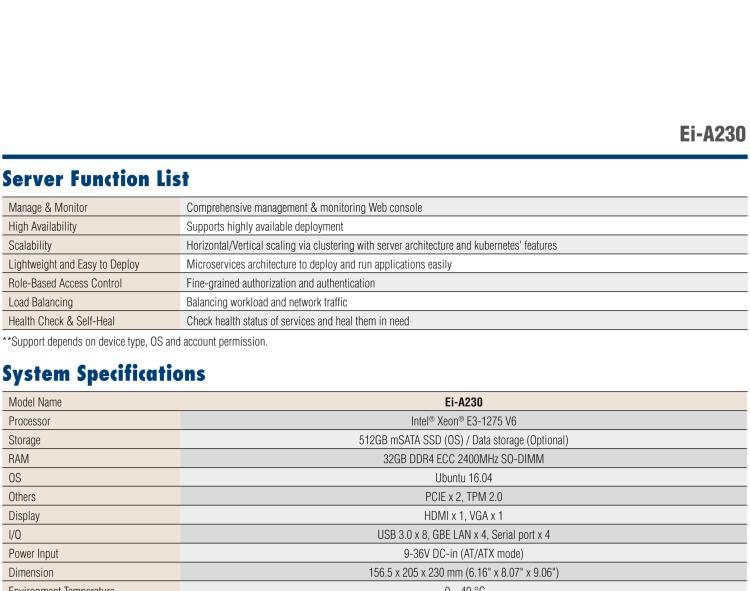 研華EI-A230 研華 EI-A230，邊緣計算系統(tǒng)服務器，搭載Intel Xeon E3-1275 V6 CPU，32GB RAM，512GB mSATA SSD，1T HDD *2，預裝Ubuntu 16.04操作系統(tǒng)。