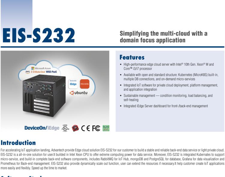 研華EIS-S232 研華 EIS-S232，邊緣計算系統(tǒng)服務器，支持Intel 第十代處理器，可選i3/i5/i7 Xeon CPU，DDR4 最高32GB，最多可支持4 x 2.5寸硬盤，具備豐富擴展接口 2 x LAN，6 x COM，8 x USB，1 x PCIE，2 x PCI。產品生命周期長，穩(wěn)定可靠。