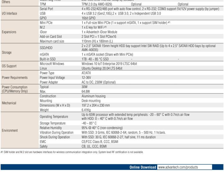 研華EIS-S232 研華 EIS-S232，邊緣計算系統(tǒng)服務器，支持Intel 第十代處理器，可選i3/i5/i7 Xeon CPU，DDR4 最高32GB，最多可支持4 x 2.5寸硬盤，具備豐富擴展接口 2 x LAN，6 x COM，8 x USB，1 x PCIE，2 x PCI。產品生命周期長，穩(wěn)定可靠。