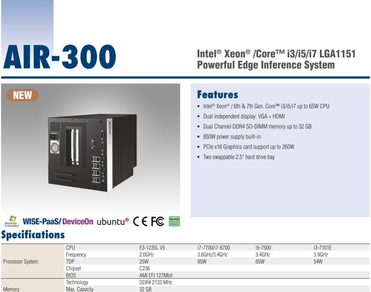 研華AIR-300 支持Intel Xeon / 6/7代Core?i3/i5/i7處理器，AI計算平臺，可擴展 PCIe x16 GPU全尺寸卡