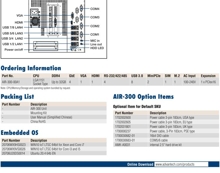 研華AIR-300 支持Intel Xeon / 6/7代Core?i3/i5/i7處理器，AI計算平臺，可擴展 PCIe x16 GPU全尺寸卡