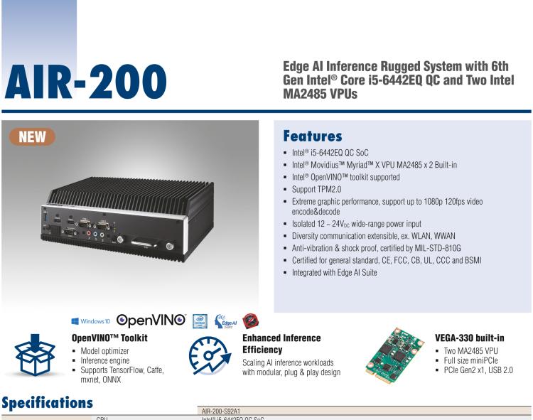 研華AIR-200 基于Intel Core i5-6442EQ處理器，AI計(jì)算平臺(tái)，內(nèi)置Myriad X VPU * 2