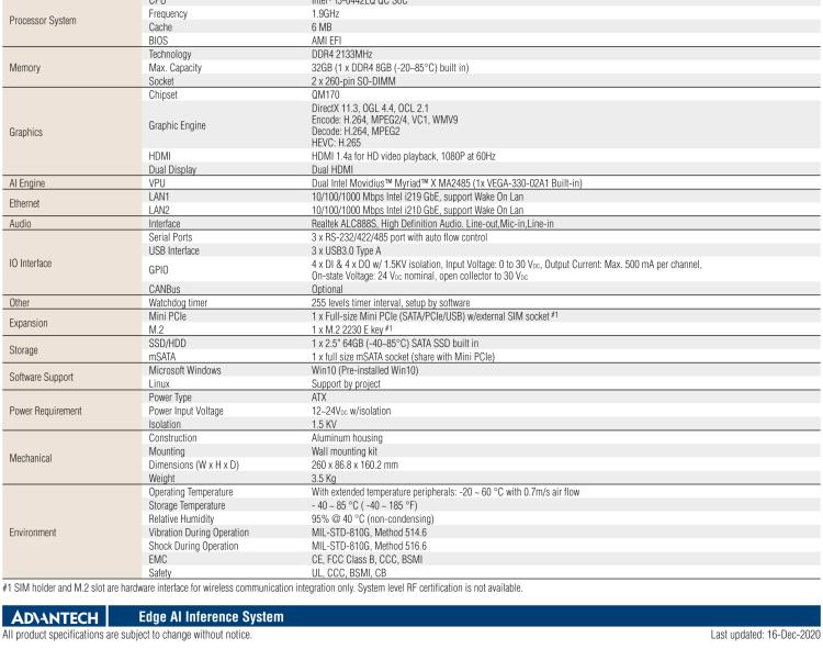 研華AIR-200 基于Intel Core i5-6442EQ處理器，AI計(jì)算平臺(tái)，內(nèi)置Myriad X VPU * 2
