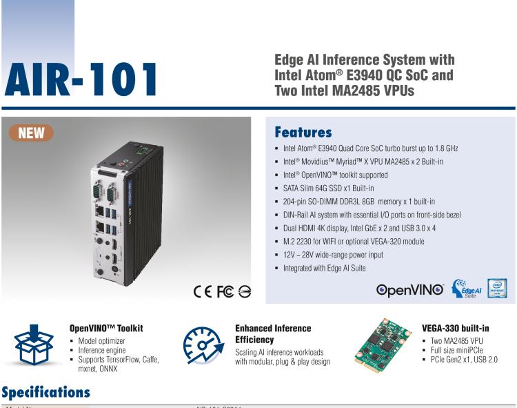 研華AIR-101 基于Intel Atom E3940處理器，AI計算平臺，內(nèi)置Myriad X VPU * 2
