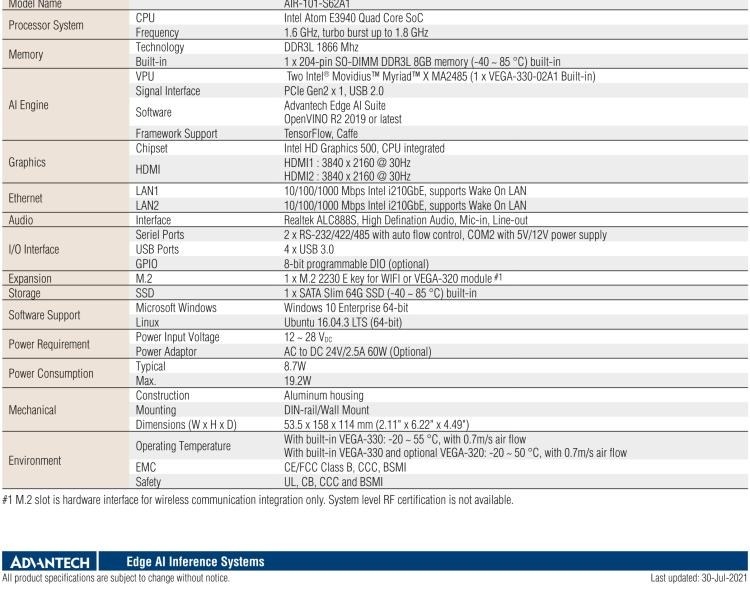 研華AIR-101 基于Intel Atom E3940處理器，AI計算平臺，內(nèi)置Myriad X VPU * 2