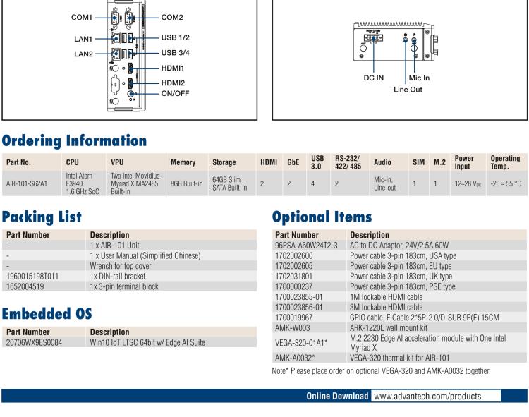 研華AIR-101 基于Intel Atom E3940處理器，AI計算平臺，內(nèi)置Myriad X VPU * 2