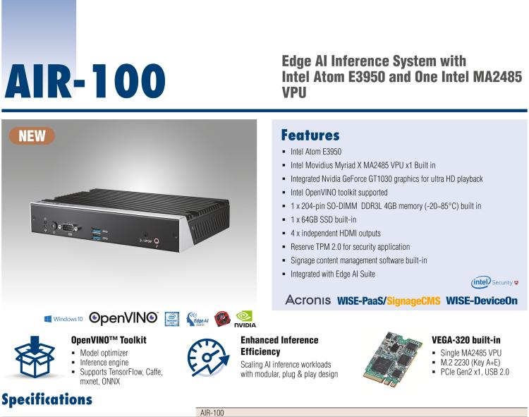 研華AIR-100 基于Intel Atom E3950處理器，AI計算平臺，內(nèi)置Myriad X VPU * 1