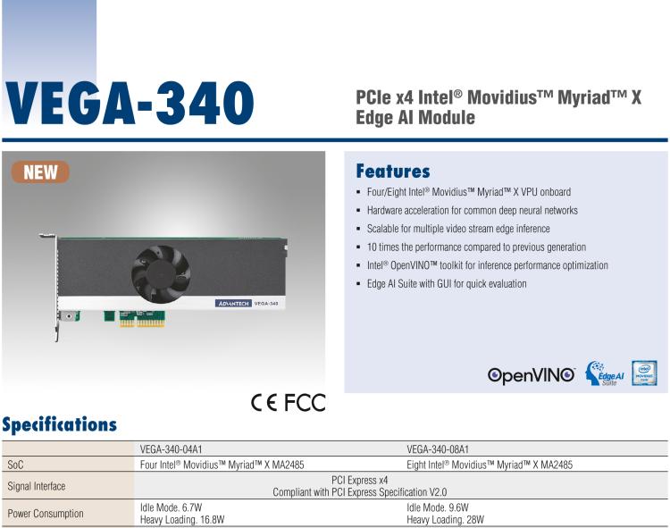 研華VEGA-340 基于Intel Movidius? Myriad? X VPU，PCIe x4 Edge AI 模塊，VPU*4 or VPU*8