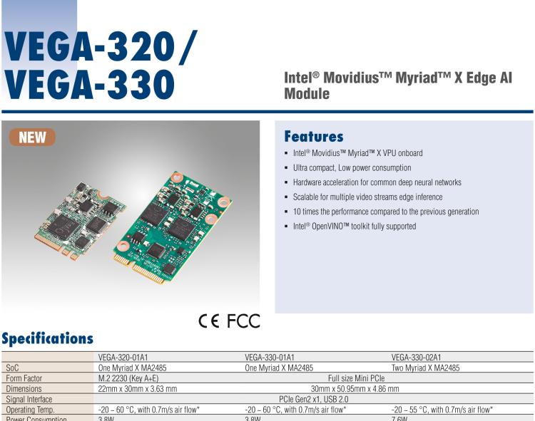 研華VEGA-330 基于Intel Movidius? Myriad? X VPU，miniPCIe Edge AI 模塊，VPU*2