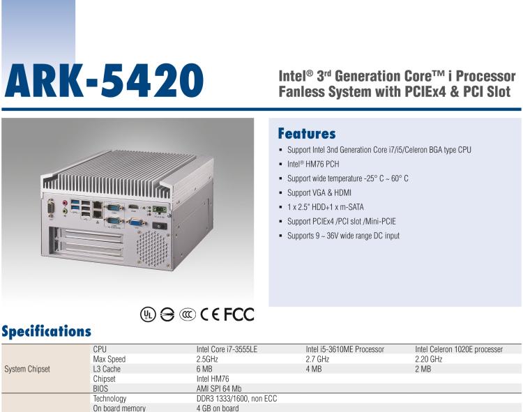 研華ARK-5420 Intel? 第三代 Core? i 處理器無風(fēng)扇嵌入式工控機(jī)，支持 PCIEx4 & PCI