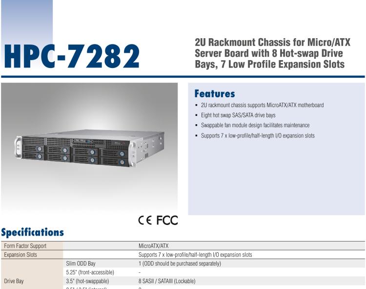研華HPC-7282 2U 機架式機箱，適用于 Micro/ATX 服務(wù)器主板，支持8個2.5寸/3.5寸熱插拔硬盤，7個半高擴展槽