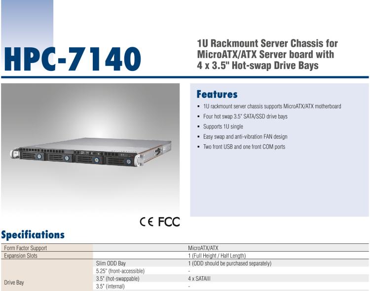 研華HPC-7140 1U 機架式服務(wù)器機箱，適用于 MicroATX/ATX 服務(wù)器主板，支持4個3.5"熱插拔盤位，1個全長/半長PCI-E x16擴展插槽