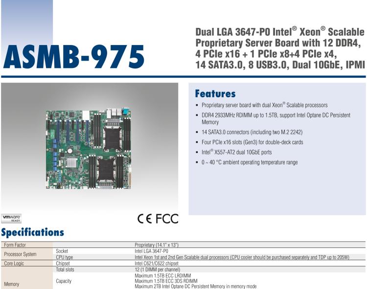 研華ASMB-975 雙路LGA3647-P0 Intel? Xeon? Scalable 服務(wù)器主板，帶12個 DDR4, 4個 PCIe x16 + 1個 PCIe x8 + 4 個PCIx4, 14 個 SATA3, 8 個USB3.0, Dual 10GbE, IPMI