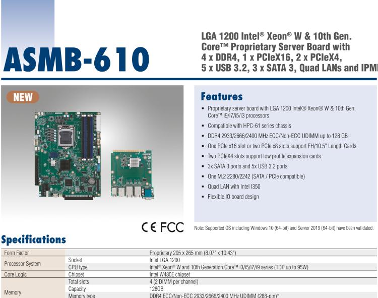 研華ASMB-610 LGA 1200 Intel? Xeon? W & 第十代 Core?專用服務(wù)器主板，帶4 x DDR4, 1 x PCIeX16, 2 x PCIeX4, 5 x USB 3.2, 3 x SATA 3, Quad LANs and和 IPMI