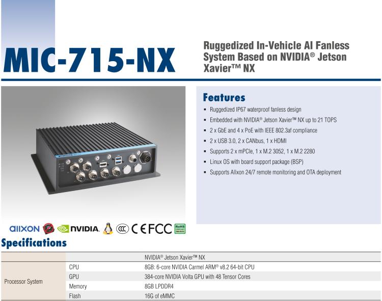 研華MIC-715 加固型AI 推理平臺，基于英偉達(dá)Jetson? Xavier NX，IP67防護(hù)等級