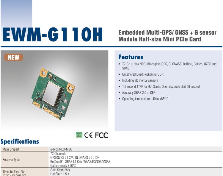 研華EWM-G110 Multi-GNSS (GPS、GLONASS、BeiDou、Galileo、QZSS 和 SBAS) +G-sensor 半尺寸 Mini PCIe 卡