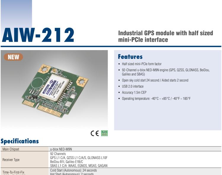 研華AIW-212 工業(yè)級(jí) GNSS（GPS、GLONASS、BeiDou、Galileo、QZSS和SBAS）模塊，半尺寸 mini-PCIe 規(guī)格。