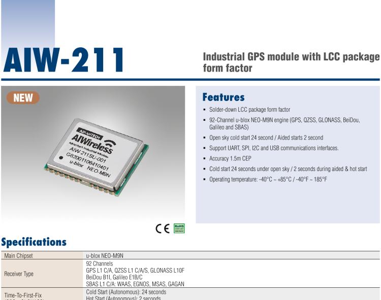 研華AIW-211 帶郵票型接口的工業(yè)級 GNSS（GPS、GLONASS、BeiDou、Galileo、QZSS和SBAS）模塊。
