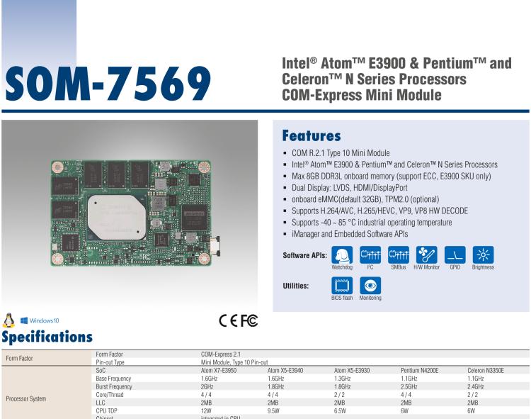研華SOM-7569 Intel? Atom? E3900 & Pentium? 和 Celeron? N 系列處理器，COM-Express Mini 模塊