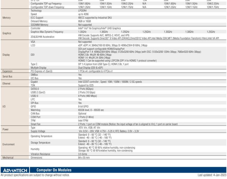 研華SOM-7583 第十一代 Intel? Core U系列處理器，COM Express Mini Type 10 模塊