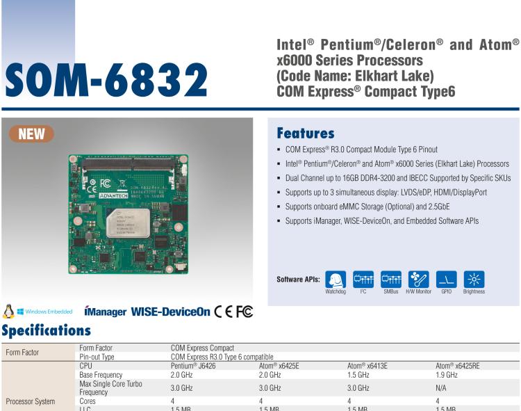 研華SOM-6832 Intel Pentium/Celeron 及 Atom x6000系列（Elkhart Lake）處理器，COM Express? Compact Type 6 模塊