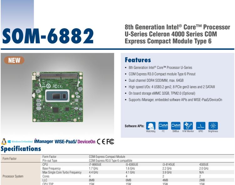 研華SOM-6882 第八代 Intel?Core 處理器，COM Express Compact R3.0 Type 6 模塊