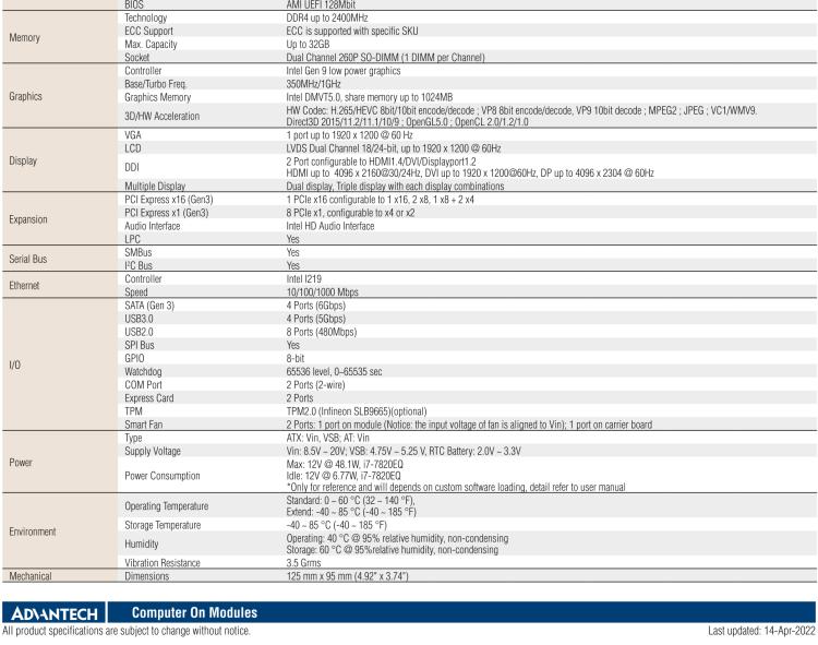研華SOM-5898 第七代Intel Core/Celeron處理器，COM Express Basic Type 6模塊