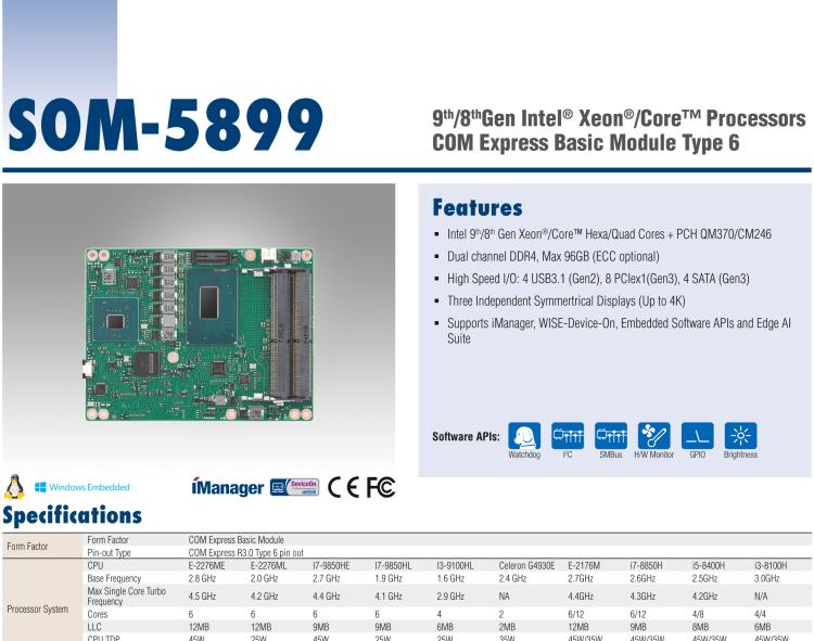 研華SOM-5899 第八代Intel Xeon/Core 處理器， COM Express Basic Type 6 模塊
