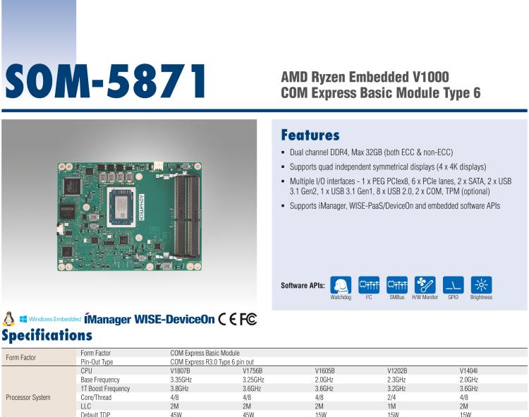 研華SOM-5871 AMD Ryzen 嵌入式 V1000，COM Express Basic Type 6 模塊