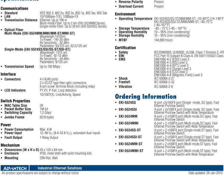 研華EKI-5524SSI 2光4電百兆ProView(組態(tài))系列工業(yè)以太網(wǎng)交換機(jī)(包含單模/多模、SC/ST接口)