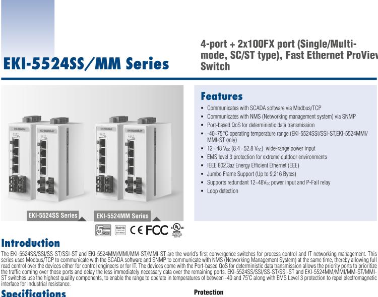 研華EKI-5524SSI-ST 2光4電百兆ProView(組態(tài))系列工業(yè)以太網(wǎng)交換機(jī)(包含單模/多模、SC/ST接口)