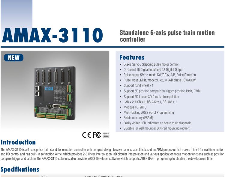 研華AMAX-3110 AMAX-3110是一個6軸脈沖序列獨立式運動控制器，一體化精巧的設(shè)計，節(jié)省空間
