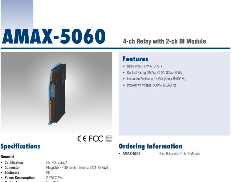 研華AMAX-5060 4路繼電器輸出與2路數(shù)字量輸入模塊 ，DC/AC 5A 帶載（插片式）
