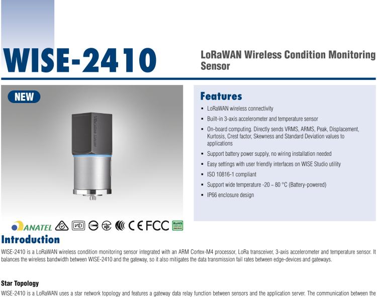 研華WISE-2410 WISE-2410是LoRaWA N無線振動溫度監(jiān)控傳感器，電池使用周期為2年。