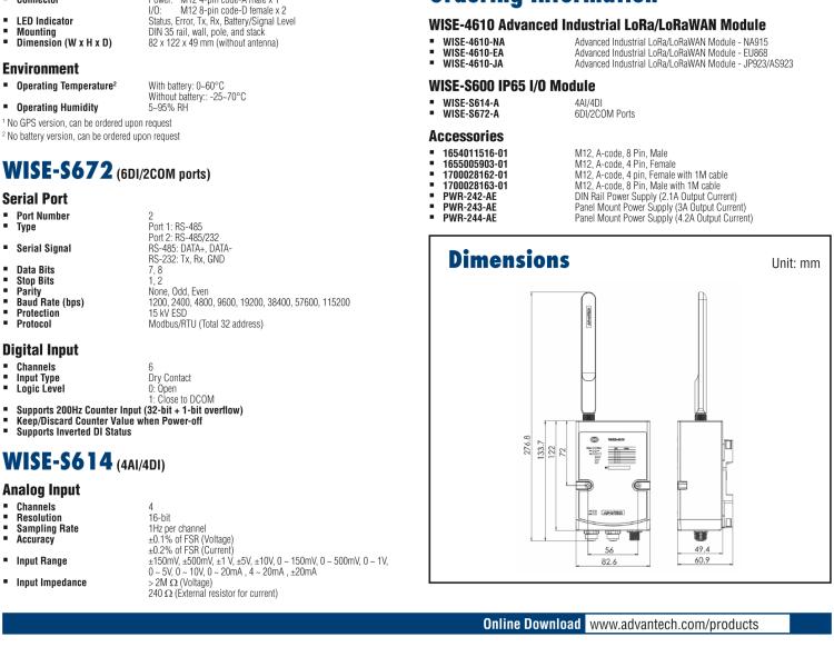 研華WISE-4610-S672 帶有6個(gè)數(shù)據(jù)輸入口和超過(guò)兩個(gè)com口的LoRa戶外無(wú)線傳感器節(jié)點(diǎn)