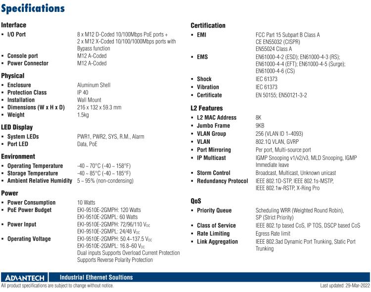 研華EKI-9510E-2GMPH 10個百兆M12 POE端口網(wǎng)管EN50155交換機， 支持72/96/110 VDC供電