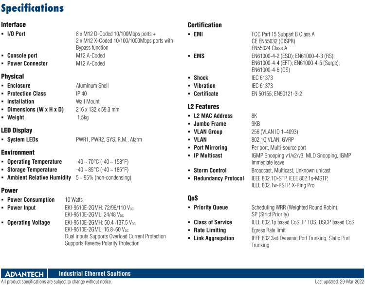 研華EKI-9510E-2GML 10個百兆M12端口網(wǎng)管型EN50155交換機， 支持24/48 VDC供電