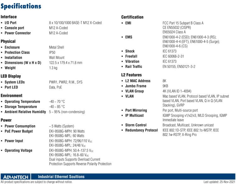 研華EKI-9508G-MPL 8個千兆M12 POE端口非網(wǎng)管EN50155交換機(jī)， 支持24/48 VDC供電