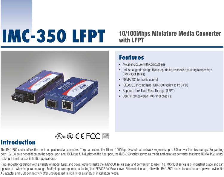 研華IMC-350-SFP-PS-A 緊湊型光電轉(zhuǎn)換器，100Base-TX/FX，SFP，AC適配器（也被稱為BB-855-10619）