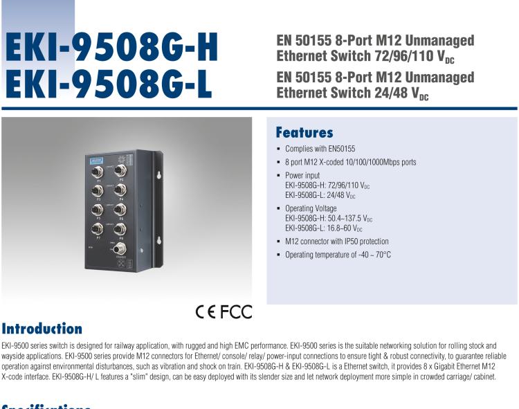 研華EKI-9508G-H 8個千兆M12端口非網(wǎng)管EN50155交換機(jī)， 支持72/96/110 VDC供電