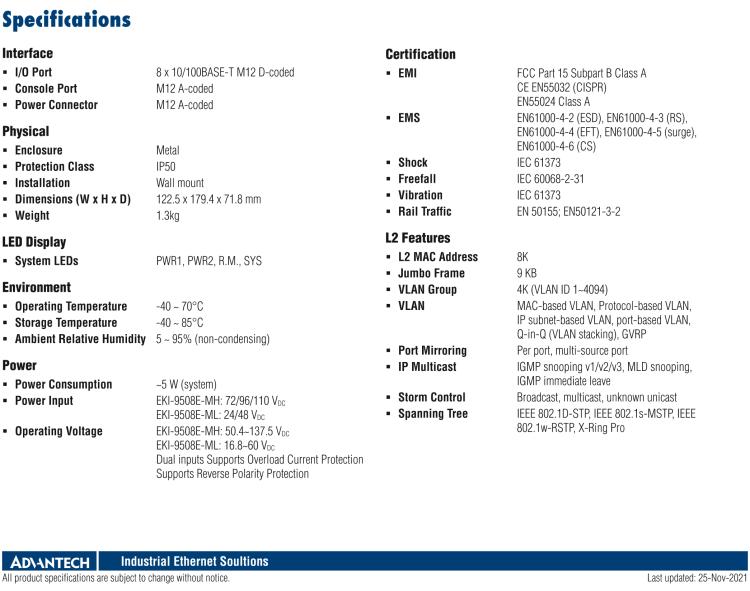 研華EKI-9508E-ML 8個百兆M12端口非網(wǎng)管EN50155交換機， 支持24/48 VDC電