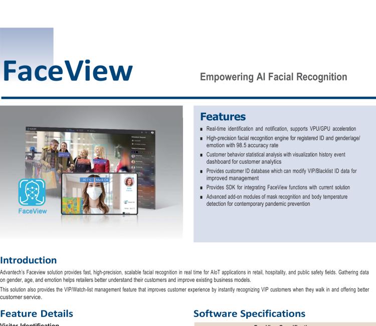研華FaceView 研華 DeviceOn.FaceView是基于研華 IoT 設(shè)備的人臉識別軟件，支持性別、年齡、情感的數(shù)據(jù)收集，支持VPU/GPU加速。FaceView軟件在最新版本中正確識別率提升到了99.7%，可以支持遮擋檢測，也就是是否正確佩戴口罩，再搭配專業(yè)測溫攝像頭情況下，可以實現(xiàn)測量體溫。