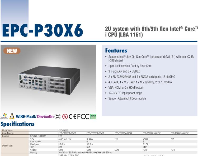 研華EPC-P3086 適配Intel? 第8/9代 Core i 系列處理器，搭載H310芯片組。2U高度，支持全長(zhǎng)PCIe x16擴(kuò)展卡。接口豐富，性能強(qiáng)勁。