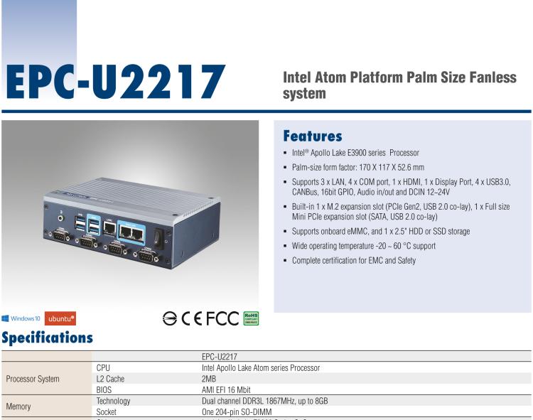 研華EPC-U2217 Intel Atom第六代Apollo Lake無風(fēng)扇嵌入式工控機(jī)，3LAN，板載eMMC，CANBUS