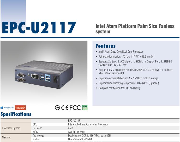 研華EPC-U2117 Intel Atom第六代Apollo Lake無(wú)風(fēng)扇嵌入式工控機(jī)，板載eMMC，CANBUS